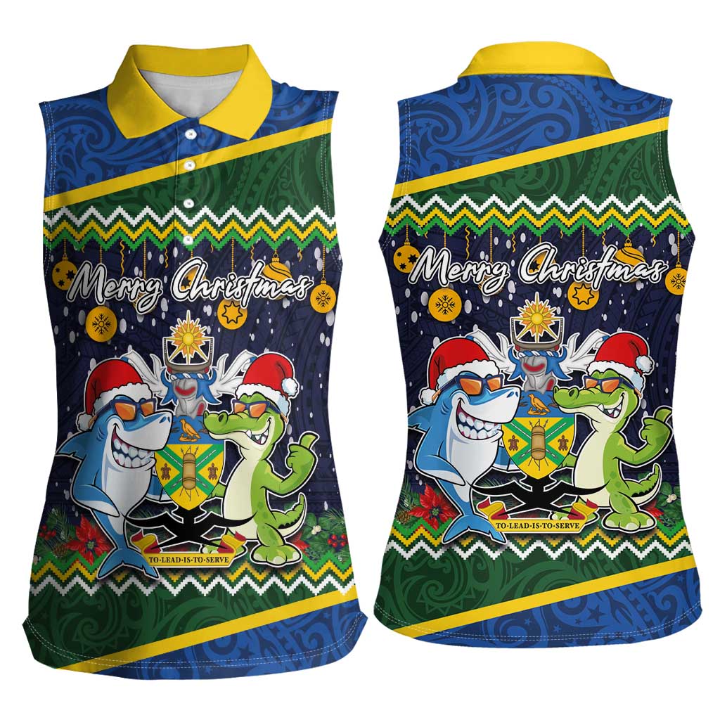 Funny Crocodile and Shark Solomon Islands Christmas Women Sleeveless Polo Shirt with National Seal Melanesian Pattern