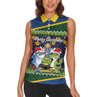 Funny Crocodile and Shark Solomon Islands Christmas Women Sleeveless Polo Shirt with National Seal Melanesian Pattern