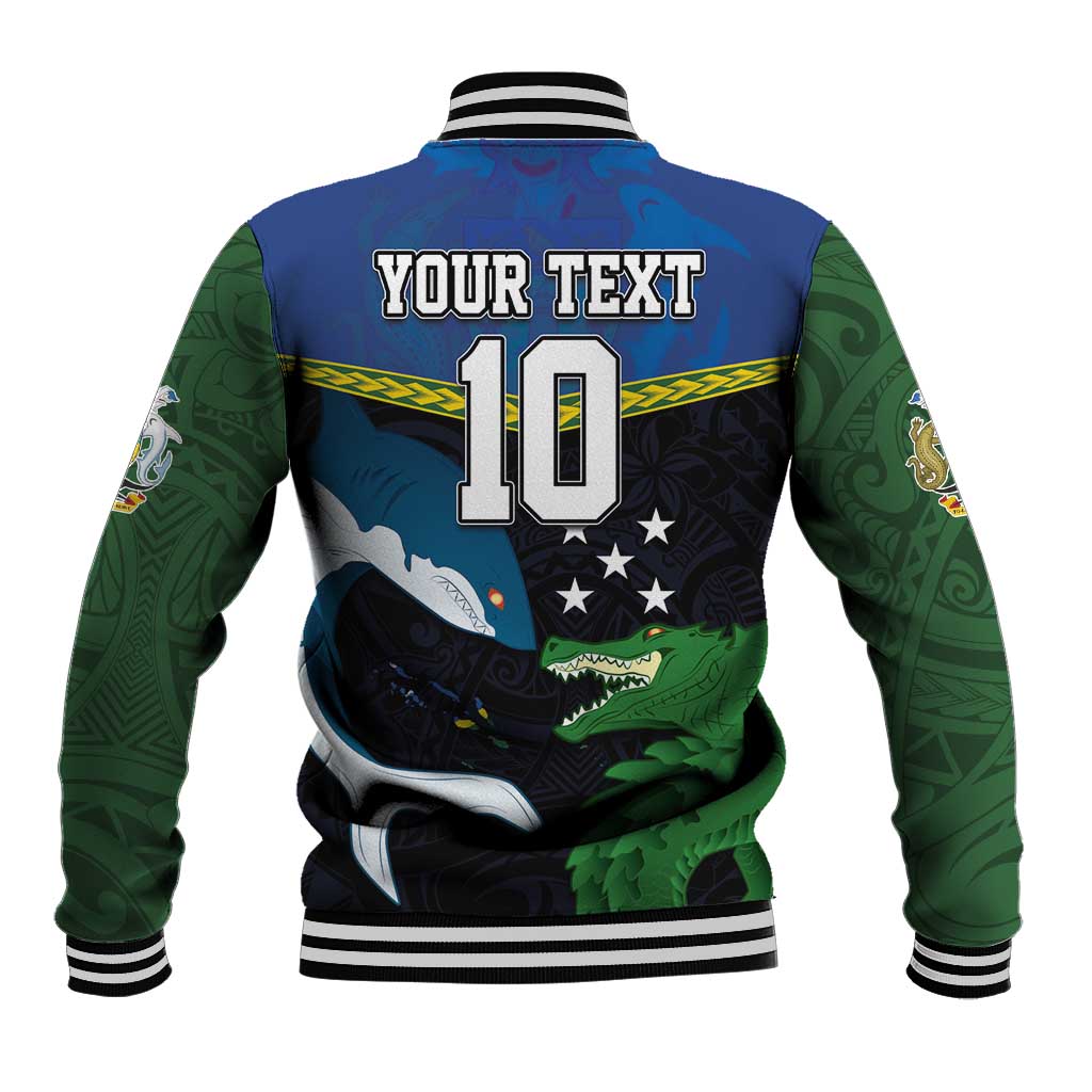 Custom Solomon Islands Rugby Baseball Jacket Arty Shark and Crocodile Solomon Islands National Emblems