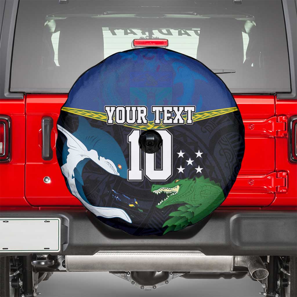 Custom Solomon Islands Rugby Spare Tire Cover Arty Shark and Crocodile Solomon Islands National Emblems