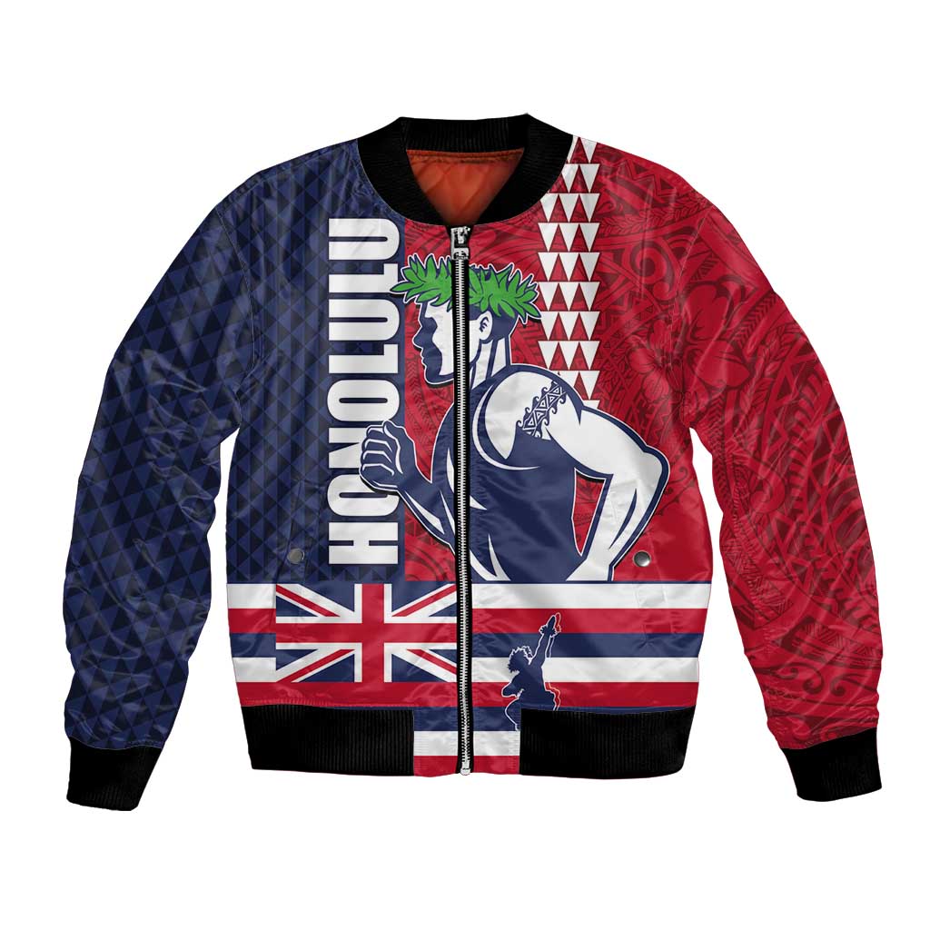 Honolulu Running 2024 Bomber Jacket Marathon Competition Hula Runner and Kakau Art Tattoo LT03 Unisex Blue - Polynesian Pride