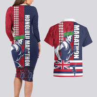Honolulu Running 2024 Couples Matching Long Sleeve Bodycon Dress and Hawaiian Shirt Marathon Competition Hula Runner and Kakau Art Tattoo
