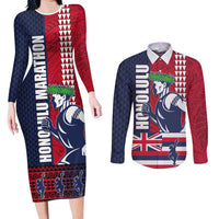 Honolulu Running 2024 Couples Matching Long Sleeve Bodycon Dress and Long Sleeve Button Shirt Marathon Competition Hula Runner and Kakau Art Tattoo