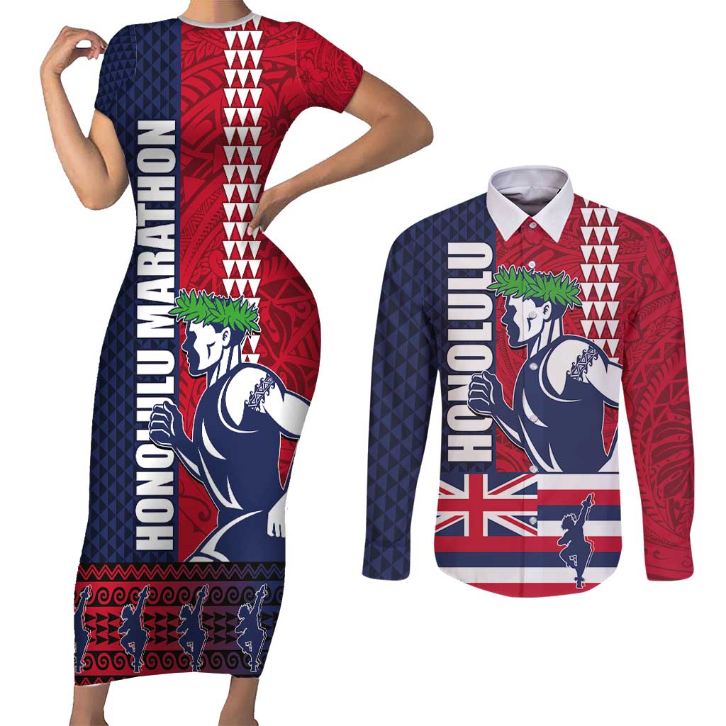 Honolulu Running 2024 Couples Matching Short Sleeve Bodycon Dress and Long Sleeve Button Shirt Marathon Competition Hula Runner and Kakau Art Tattoo LT03 Blue - Polynesian Pride
