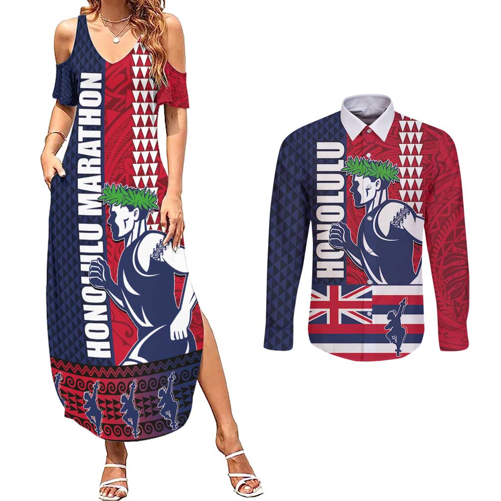 Honolulu Running 2024 Couples Matching Summer Maxi Dress and Long Sleeve Button Shirt Marathon Competition Hula Runner and Kakau Art Tattoo LT03 Blue - Polynesian Pride