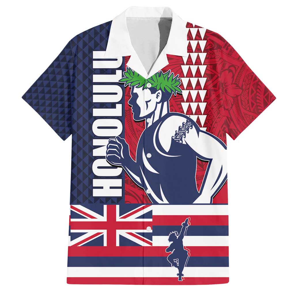 Honolulu Running 2024 Family Matching Summer Maxi Dress and Hawaiian Shirt Marathon Competition Hula Runner and Kakau Art Tattoo LT03 Dad's Shirt - Short Sleeve Blue - Polynesian Pride