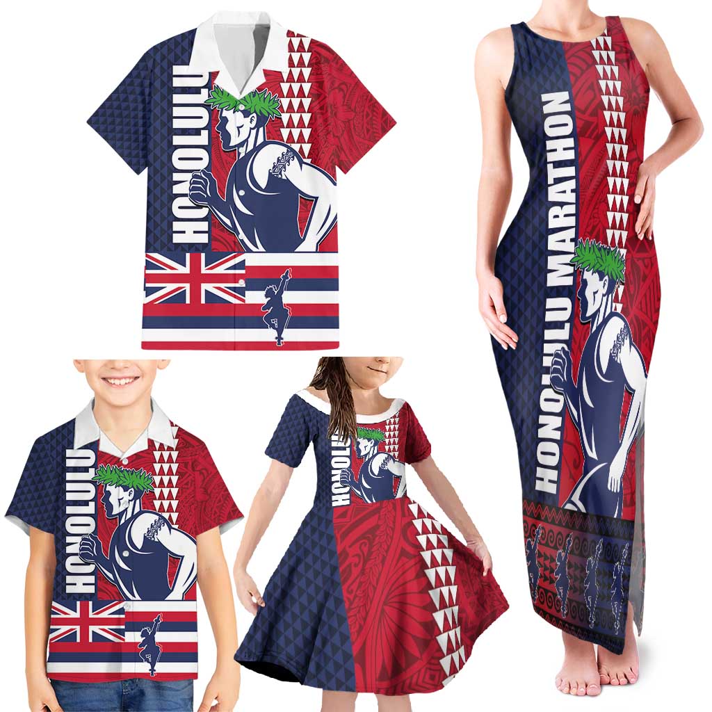 Honolulu Running 2024 Family Matching Tank Maxi Dress and Hawaiian Shirt Marathon Competition Hula Runner and Kakau Art Tattoo