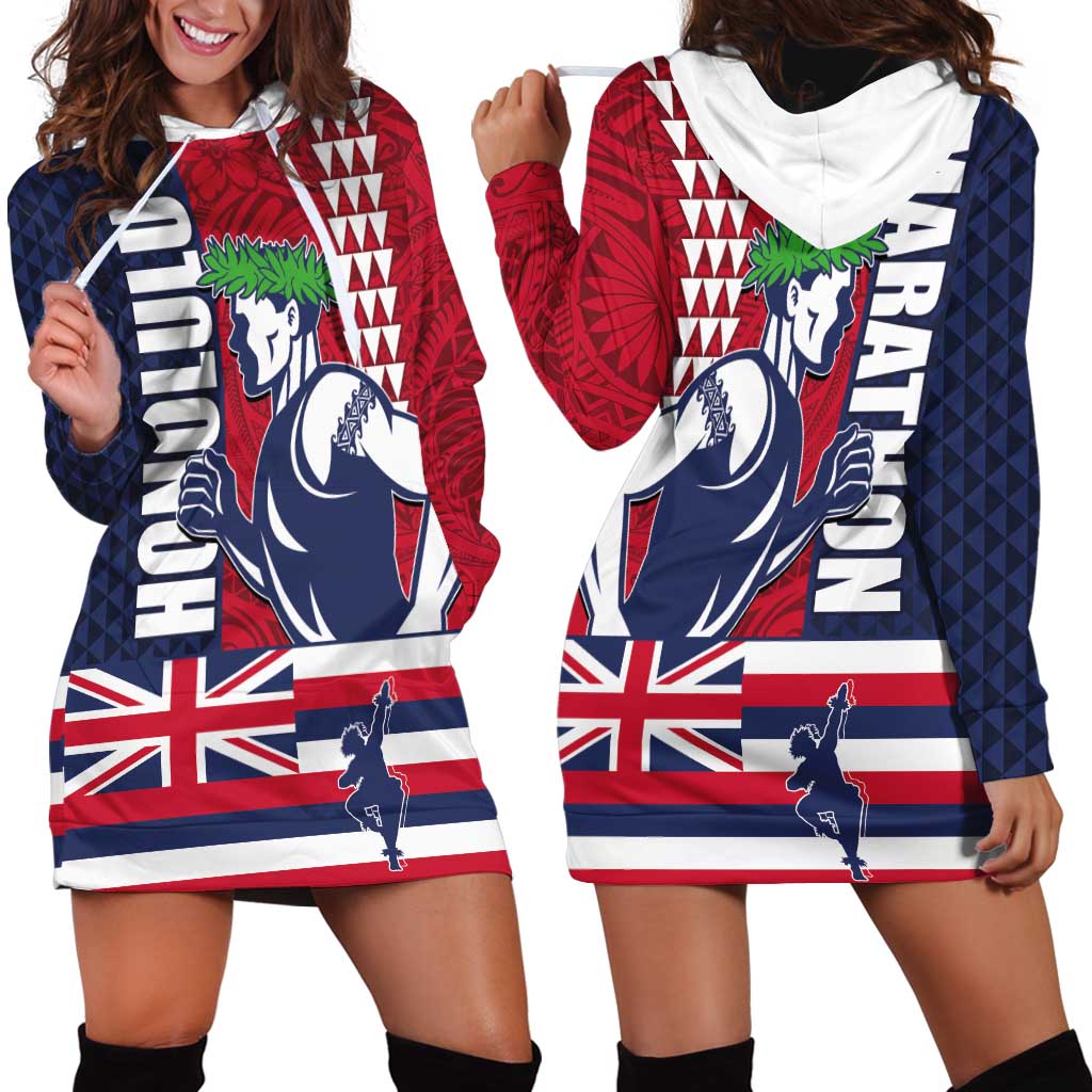 Honolulu Running 2024 Hoodie Dress Marathon Competition Hula Runner and Kakau Art Tattoo