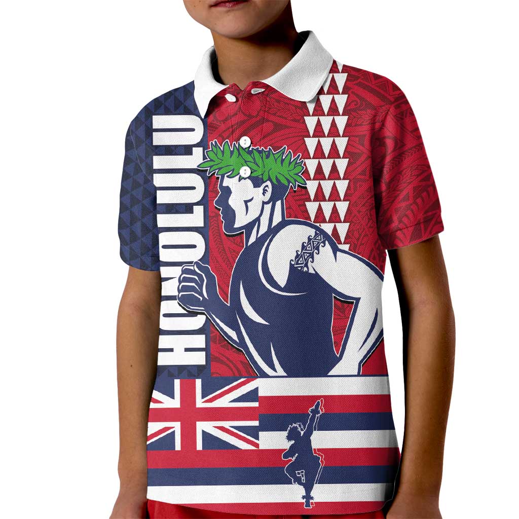 Honolulu Running 2024 Kid Polo Shirt Marathon Competition Hula Runner and Kakau Art Tattoo LT03 Kid Blue - Polynesian Pride