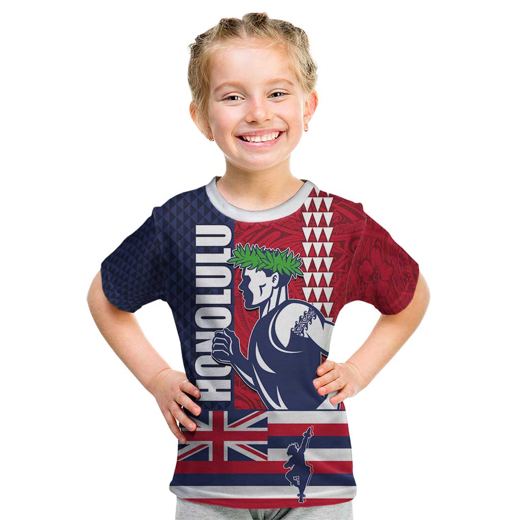 Honolulu Running 2024 Kid T Shirt Marathon Competition Hula Runner and Kakau Art Tattoo LT03 Blue - Polynesian Pride