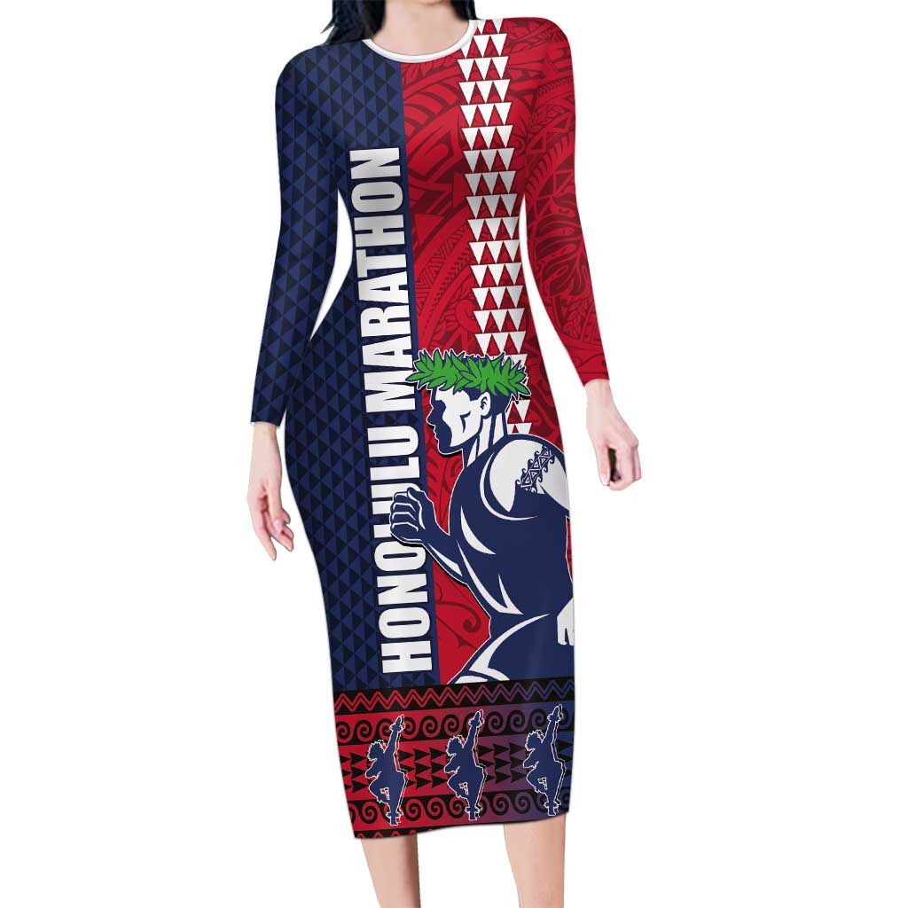 Honolulu Running 2024 Long Sleeve Bodycon Dress Marathon Competition Hula Runner and Kakau Art Tattoo LT03 Long Dress Blue - Polynesian Pride