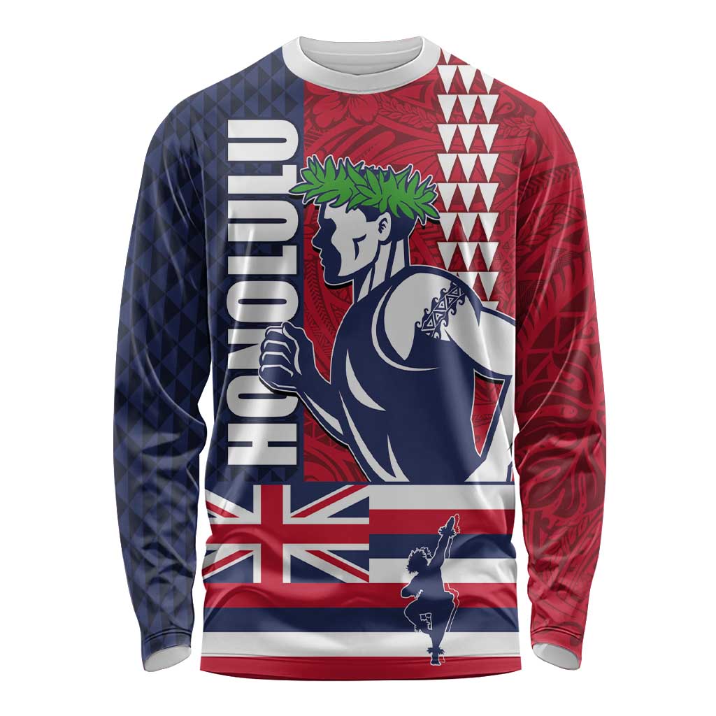 Honolulu Running 2024 Long Sleeve Shirt Marathon Competition Hula Runner and Kakau Art Tattoo LT03 Unisex Blue - Polynesian Pride
