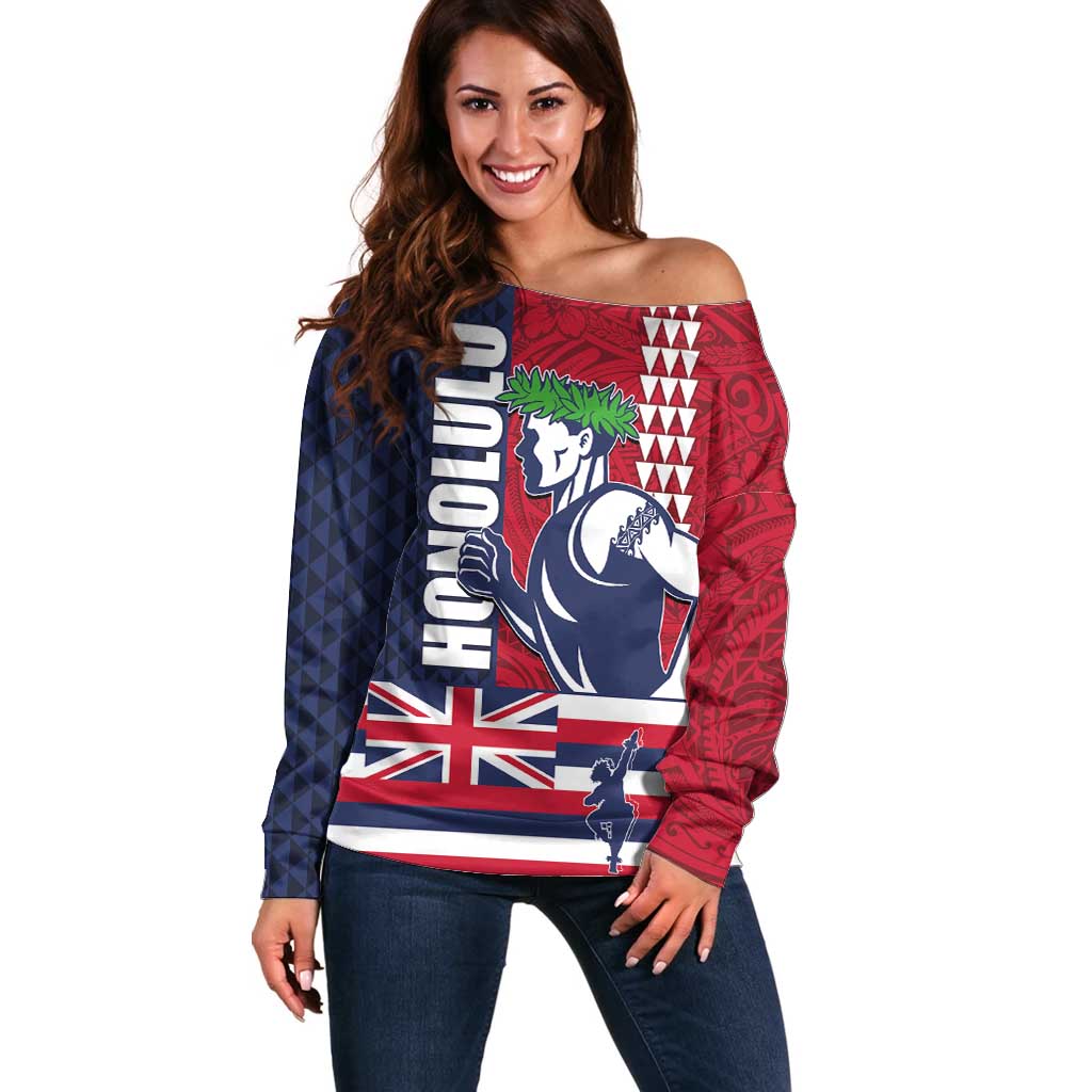 Honolulu Running 2024 Off Shoulder Sweater Marathon Competition Hula Runner and Kakau Art Tattoo LT03 Women Blue - Polynesian Pride