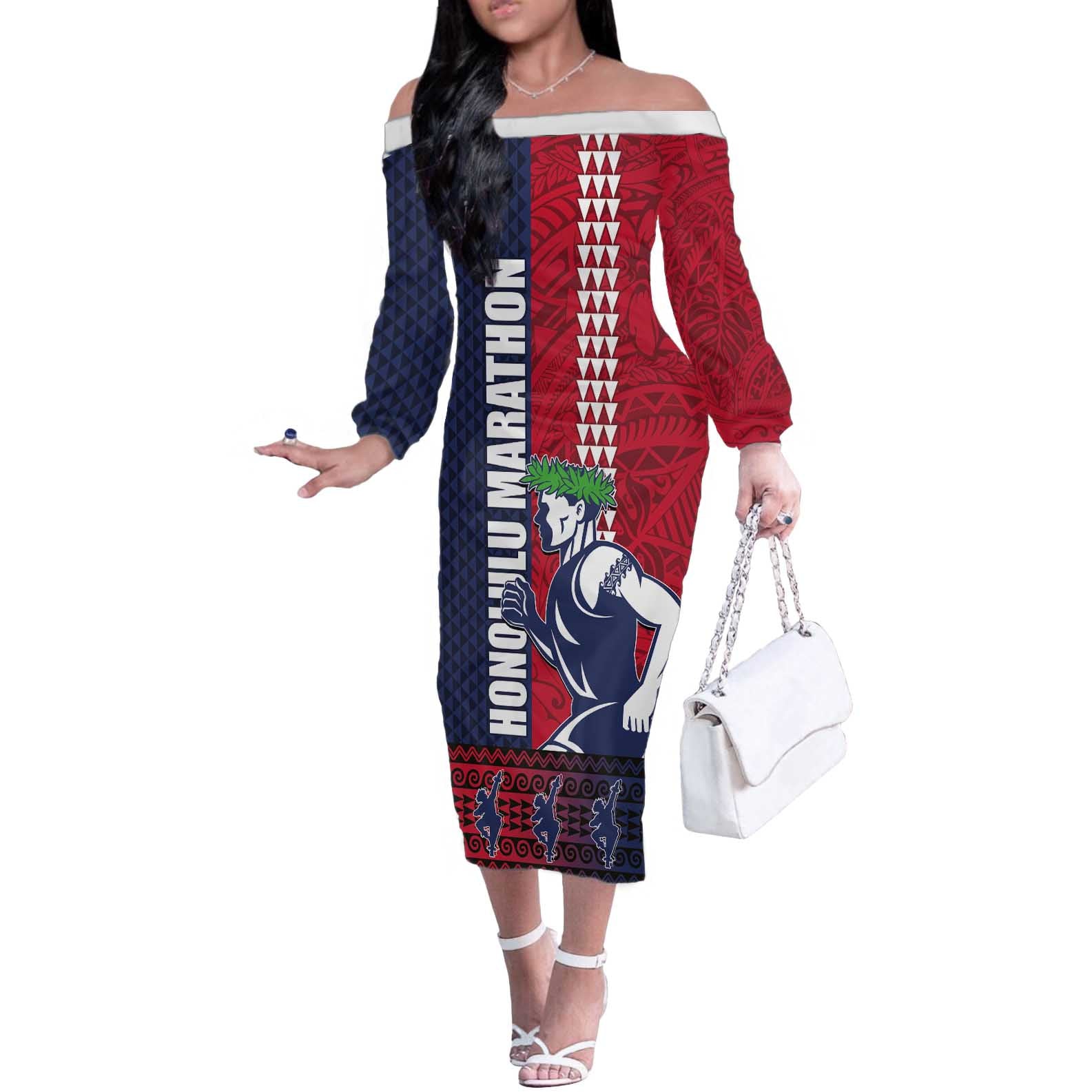Honolulu Running 2024 Off The Shoulder Long Sleeve Dress Marathon Competition Hula Runner and Kakau Art Tattoo LT03 Women Blue - Polynesian Pride