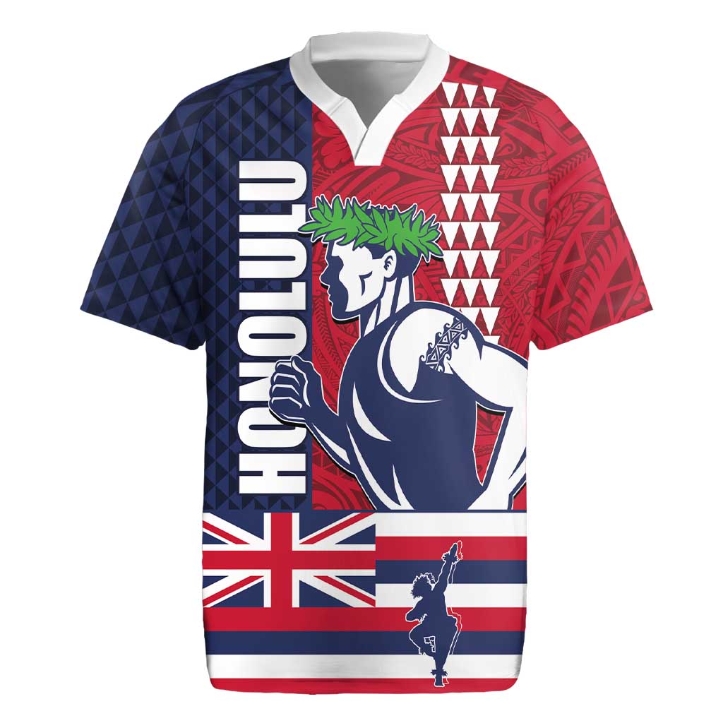 Honolulu Running 2024 Rugby Jersey Marathon Competition Hula Runner and Kakau Art Tattoo LT03 Blue - Polynesian Pride