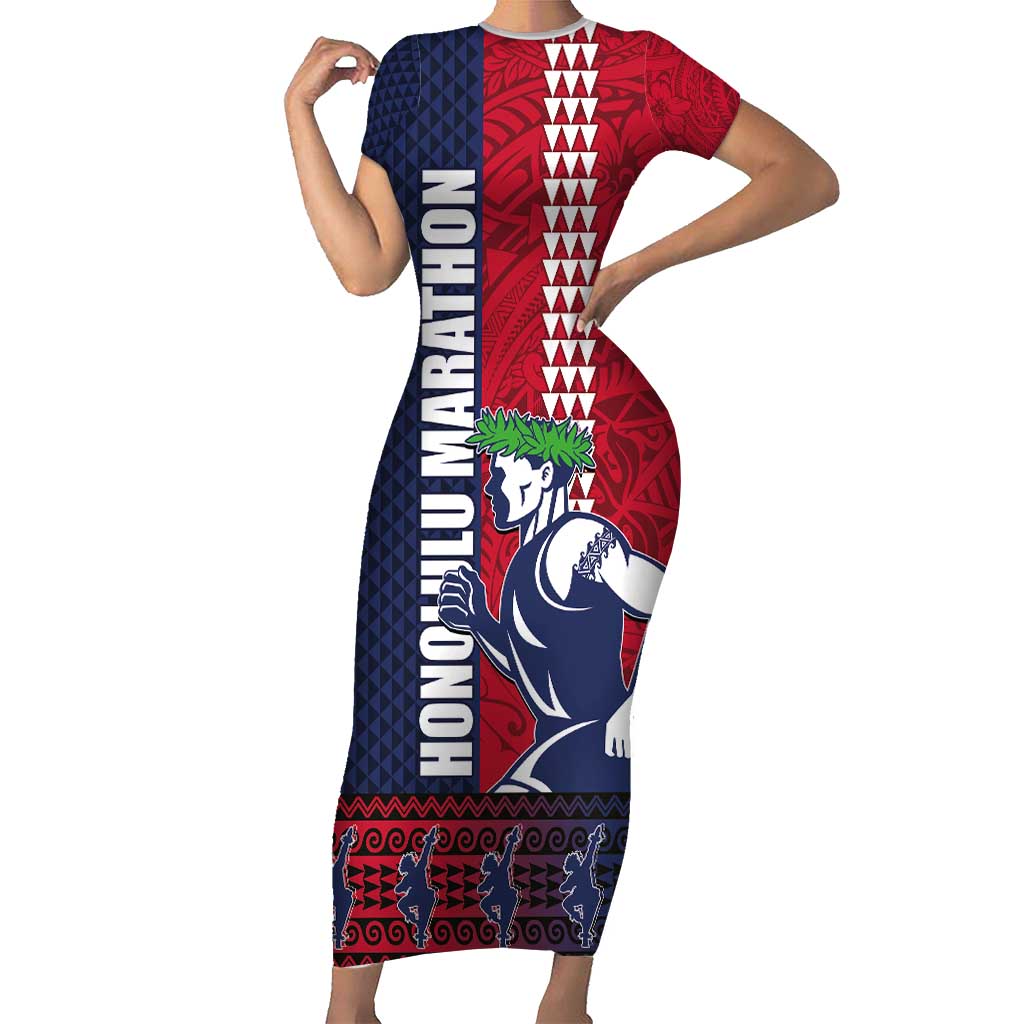 Honolulu Running 2024 Short Sleeve Bodycon Dress Marathon Competition Hula Runner and Kakau Art Tattoo LT03 Long Dress Blue - Polynesian Pride