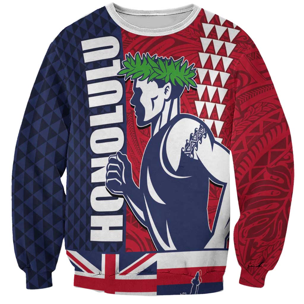 Honolulu Running 2024 Sweatshirt Marathon Competition Hula Runner and Kakau Art Tattoo