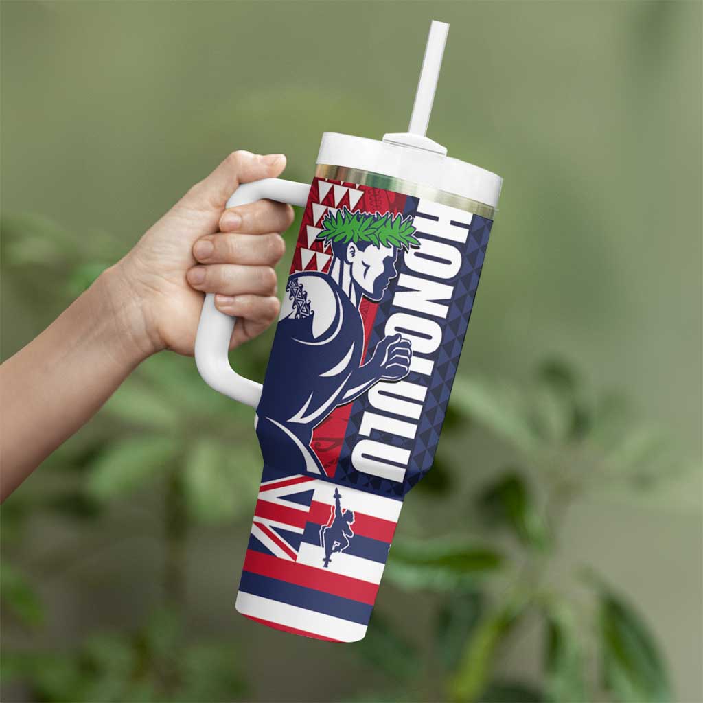 Honolulu Running 2024 Tumbler With Handle Marathon Competition Hula Runner and Kakau Art Tattoo