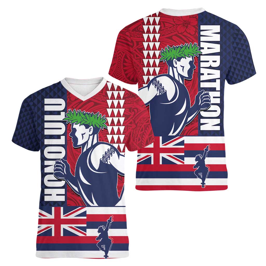 Honolulu Running 2024 Women V-Neck T-Shirt Marathon Competition Hula Runner and Kakau Art Tattoo
