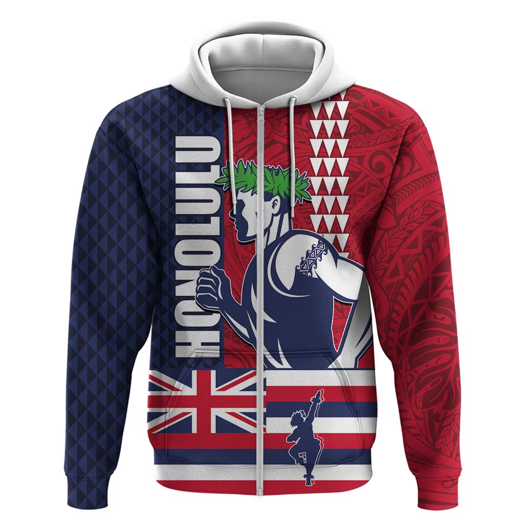 Honolulu Running 2024 Zip Hoodie Marathon Competition Hula Runner and Kakau Art Tattoo LT03 Zip Hoodie Blue - Polynesian Pride