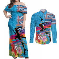 Honolulu Anniversary 52nd Running Couples Matching Off Shoulder Maxi Dress and Long Sleeve Button Shirt Marathon Competition Kakau Pattern Blue Color