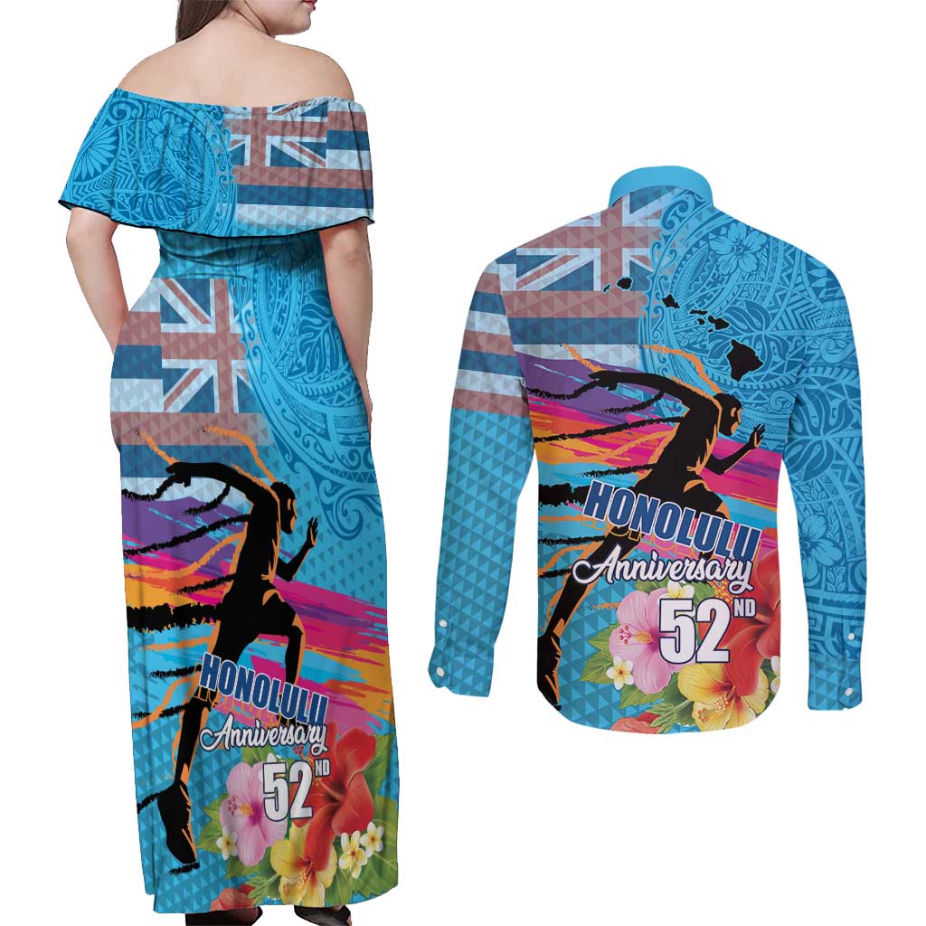 Honolulu Anniversary 52nd Running Couples Matching Off Shoulder Maxi Dress and Long Sleeve Button Shirt Marathon Competition Kakau Pattern Blue Color