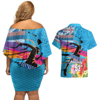Honolulu Anniversary 52nd Running Couples Matching Off Shoulder Short Dress and Hawaiian Shirt Marathon Competition Kakau Pattern Blue Color LT03 - Polynesian Pride