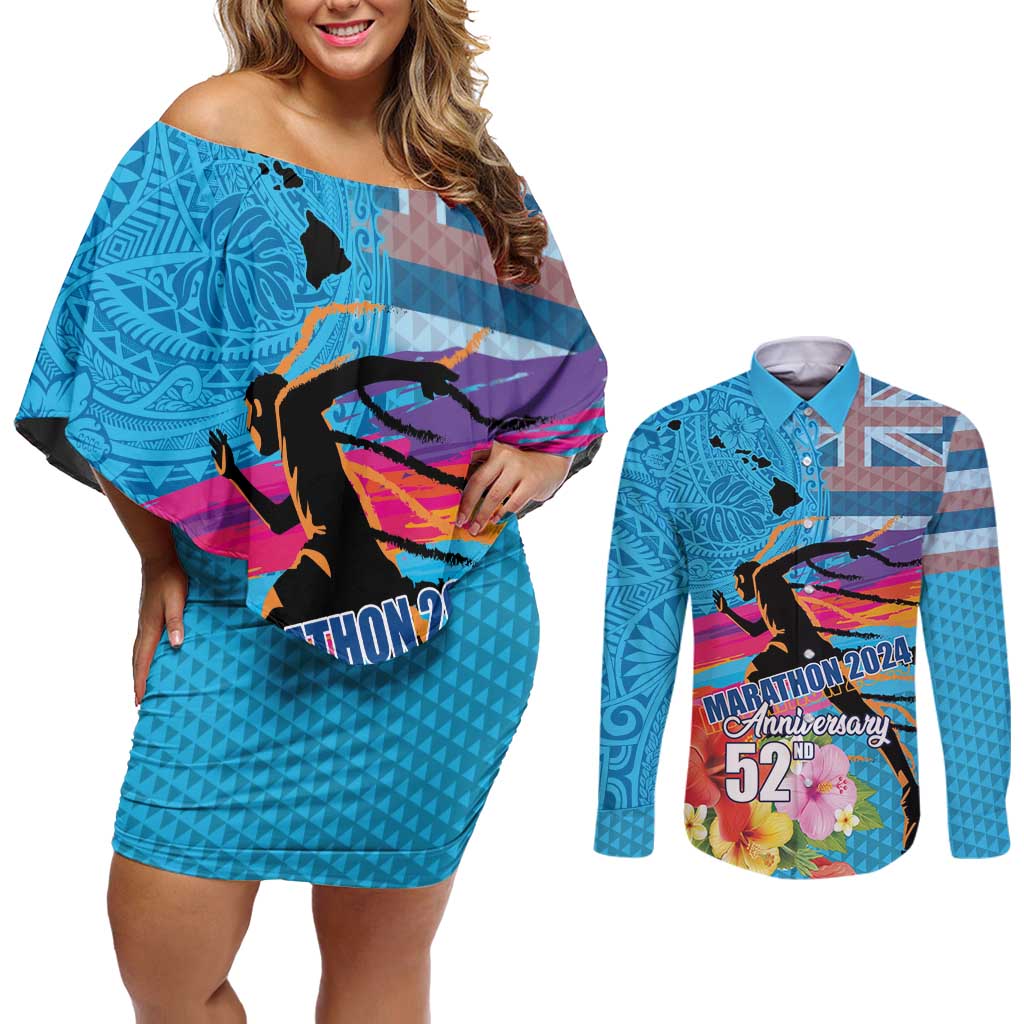 Honolulu Anniversary 52nd Running Couples Matching Off Shoulder Short Dress and Long Sleeve Button Shirt Marathon Competition Kakau Pattern Blue Color LT03 Blue - Polynesian Pride