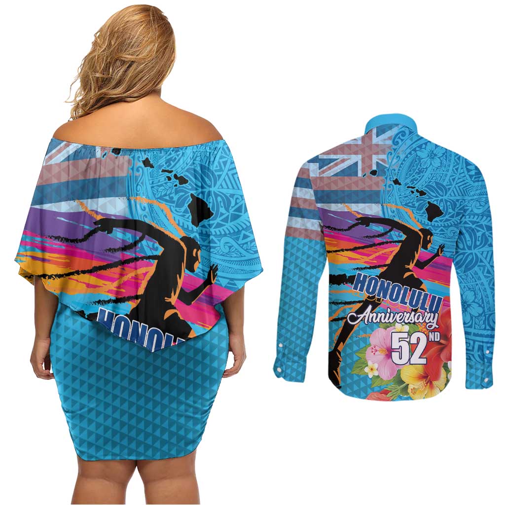 Honolulu Anniversary 52nd Running Couples Matching Off Shoulder Short Dress and Long Sleeve Button Shirt Marathon Competition Kakau Pattern Blue Color