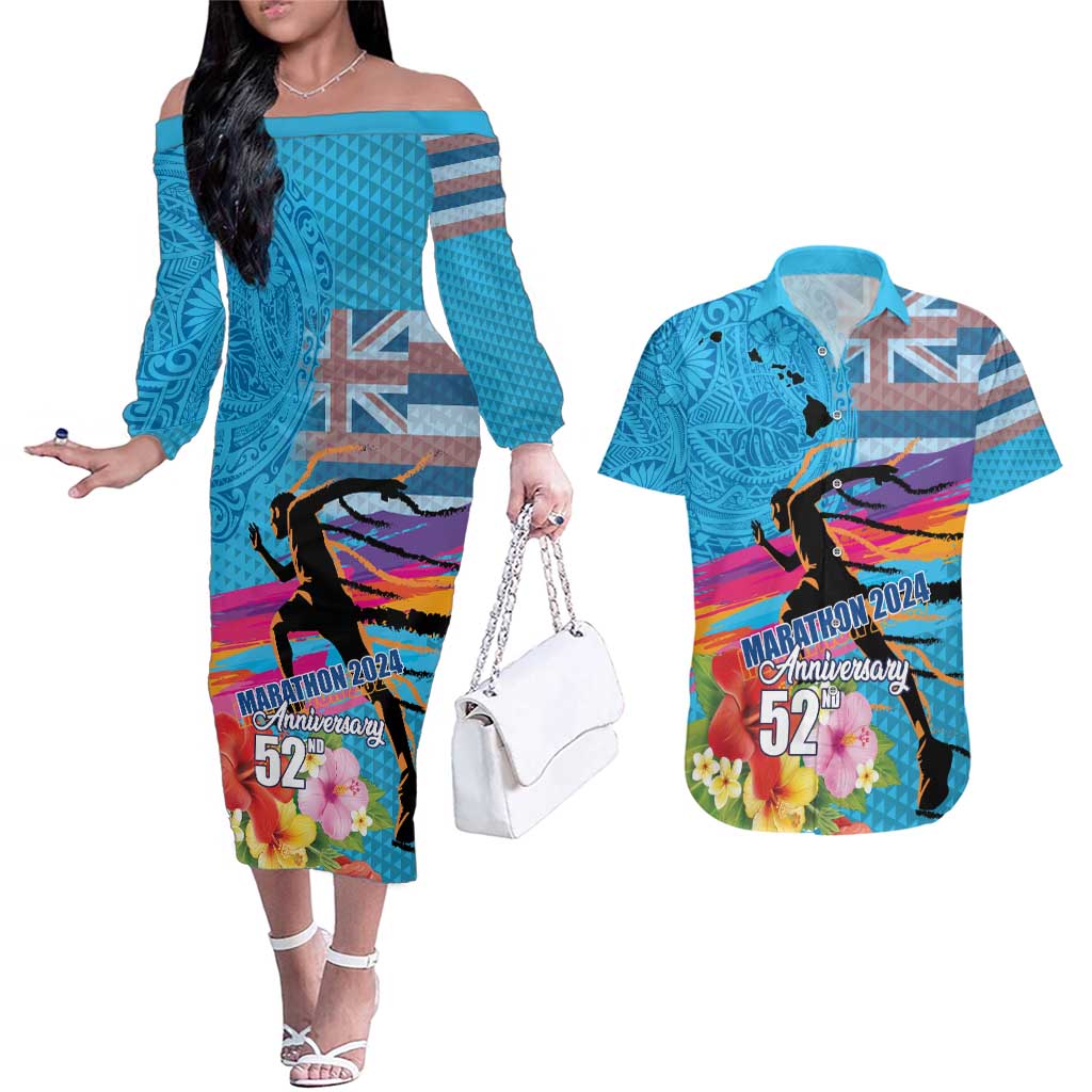 Honolulu Anniversary 52nd Running Couples Matching Off The Shoulder Long Sleeve Dress and Hawaiian Shirt Marathon Competition Kakau Pattern Blue Color LT03 Blue - Polynesian Pride