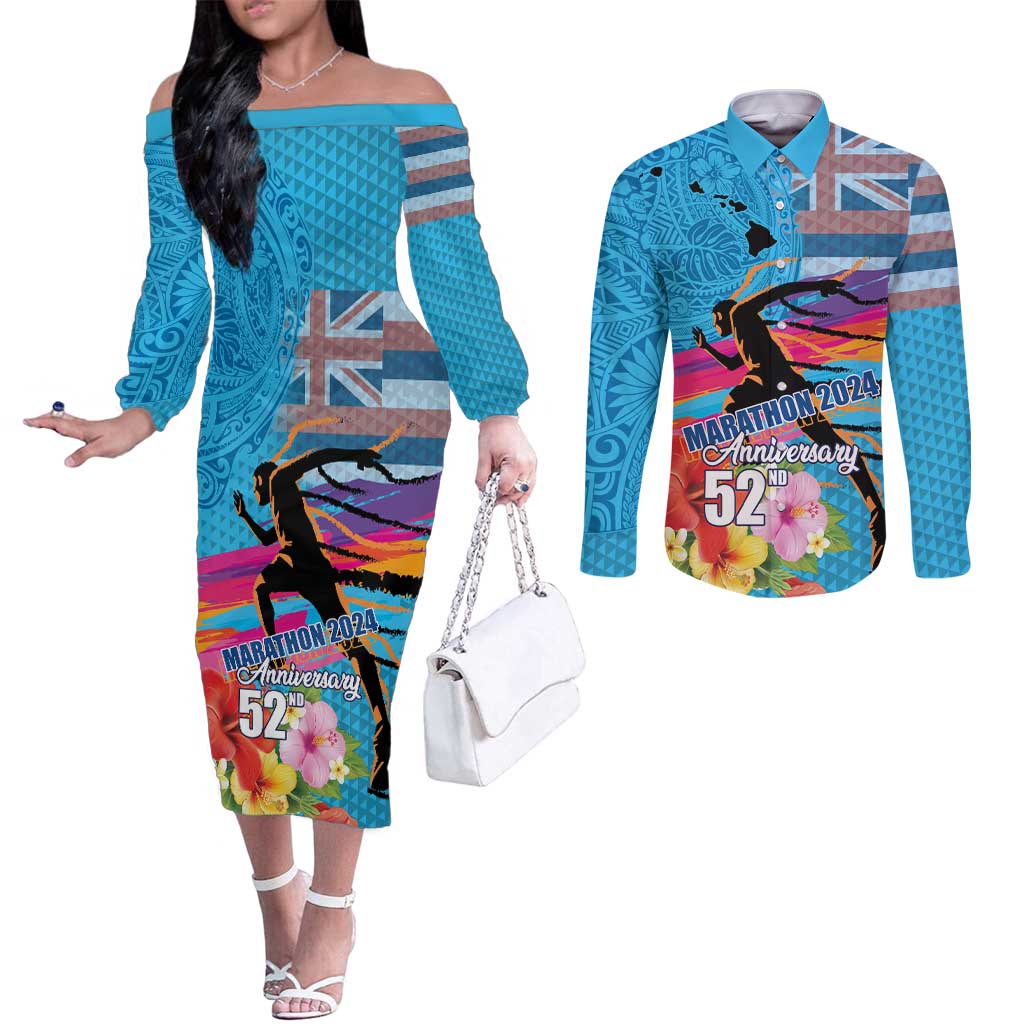 Honolulu Anniversary 52nd Running Couples Matching Off The Shoulder Long Sleeve Dress and Long Sleeve Button Shirt Marathon Competition Kakau Pattern Blue Color LT03 Blue - Polynesian Pride