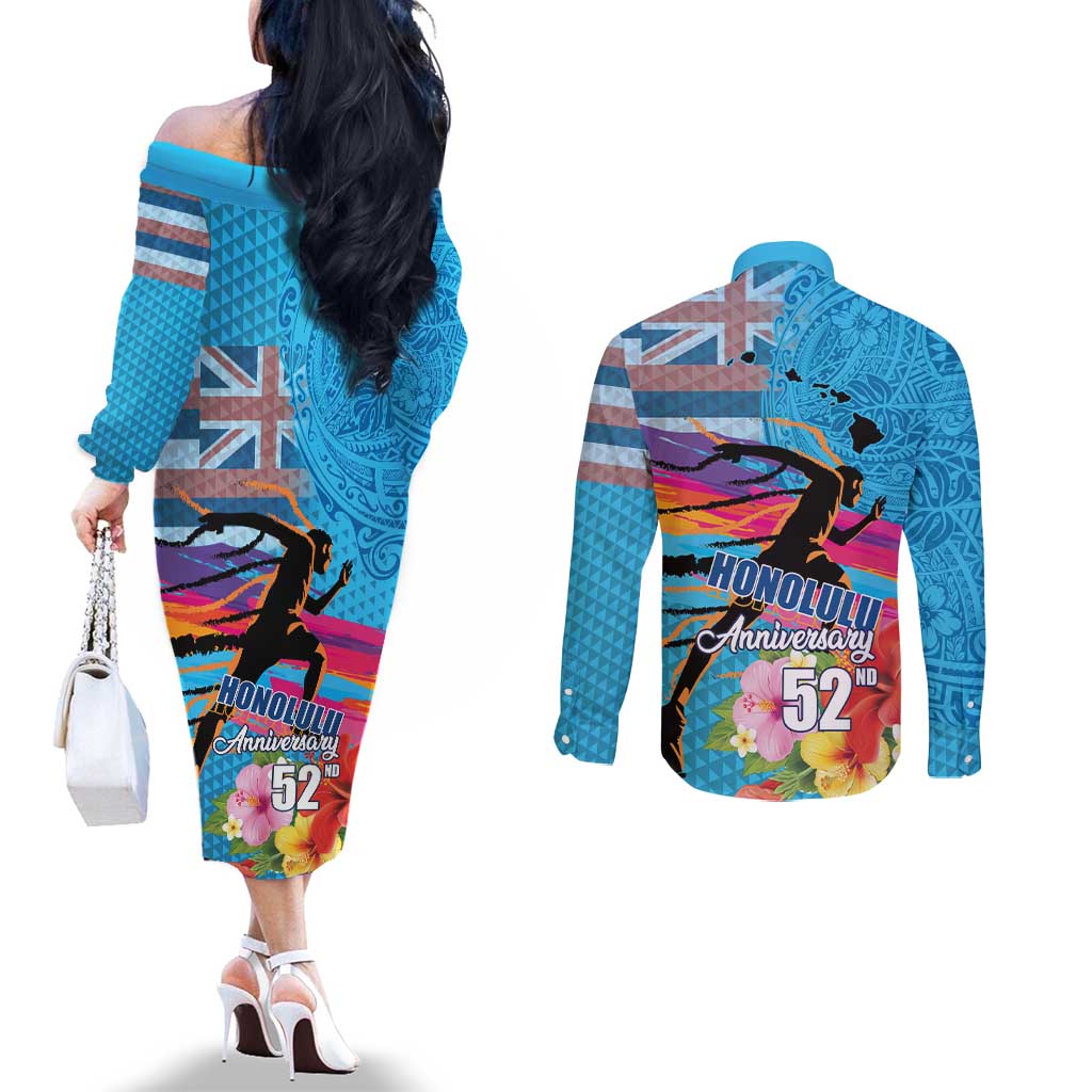 Honolulu Anniversary 52nd Running Couples Matching Off The Shoulder Long Sleeve Dress and Long Sleeve Button Shirt Marathon Competition Kakau Pattern Blue Color