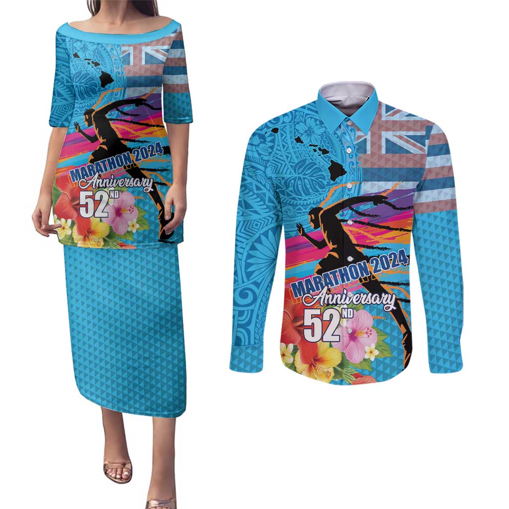 Honolulu Anniversary 52nd Running Couples Matching Puletasi and Long Sleeve Button Shirt Marathon Competition Kakau Pattern Blue Color