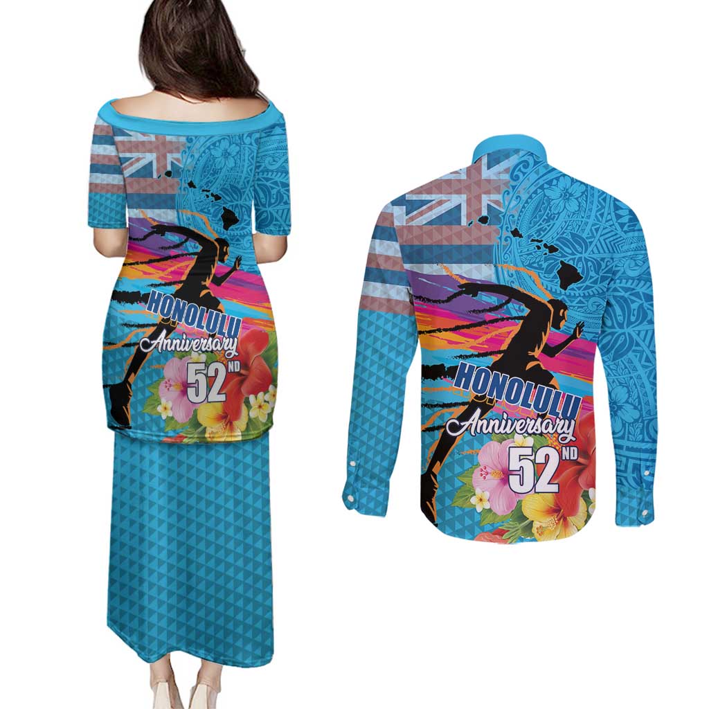Honolulu Anniversary 52nd Running Couples Matching Puletasi and Long Sleeve Button Shirt Marathon Competition Kakau Pattern Blue Color