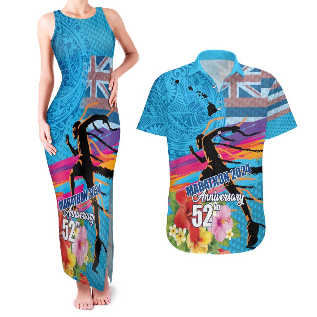 Honolulu Anniversary 52nd Running Couples Matching Tank Maxi Dress and Hawaiian Shirt Marathon Competition Kakau Pattern Blue Color LT03 Blue - Polynesian Pride
