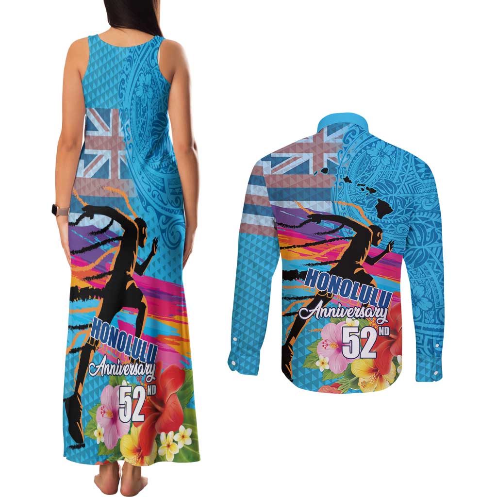 Honolulu Anniversary 52nd Running Couples Matching Tank Maxi Dress and Long Sleeve Button Shirt Marathon Competition Kakau Pattern Blue Color