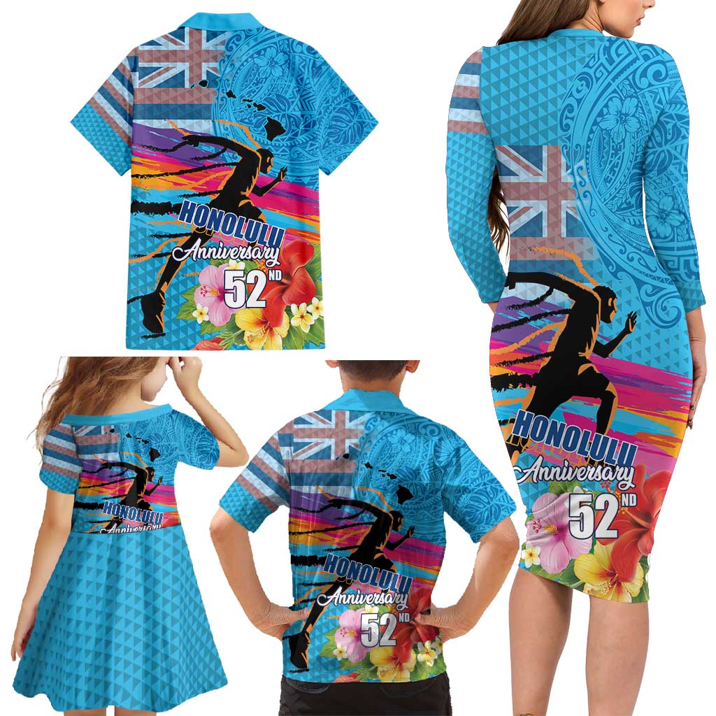 Honolulu Anniversary 52nd Running Family Matching Long Sleeve Bodycon Dress and Hawaiian Shirt Marathon Competition Kakau Pattern Blue Color