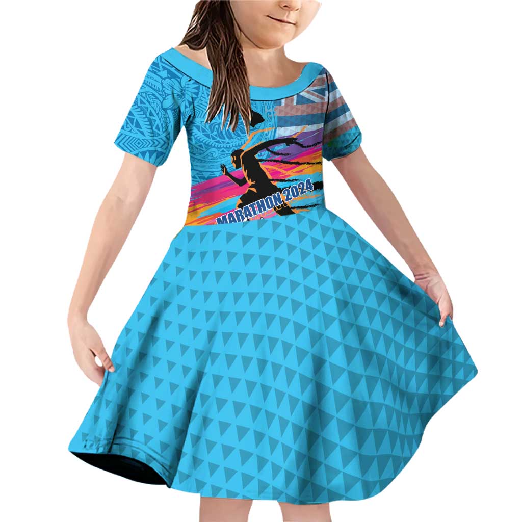 Honolulu Anniversary 52nd Running Family Matching Off Shoulder Short Dress and Hawaiian Shirt Marathon Competition Kakau Pattern Blue Color LT03 Daughter's Dress Blue - Polynesian Pride