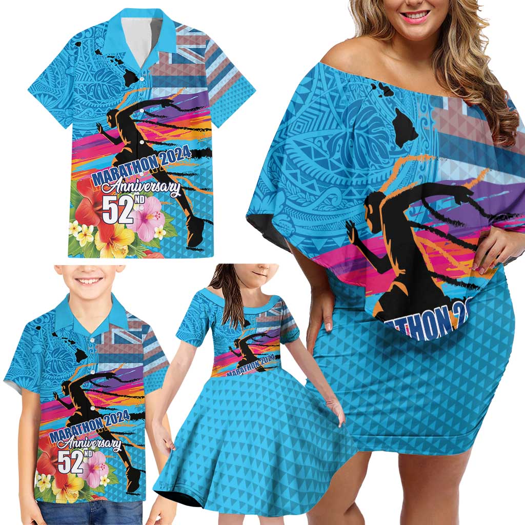 Honolulu Anniversary 52nd Running Family Matching Off Shoulder Short Dress and Hawaiian Shirt Marathon Competition Kakau Pattern Blue Color LT03 - Polynesian Pride