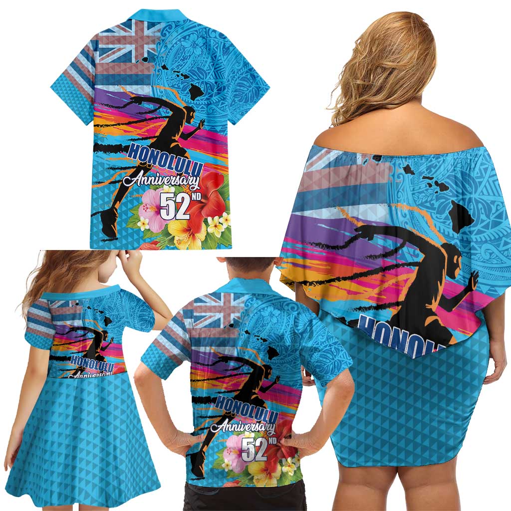 Honolulu Anniversary 52nd Running Family Matching Off Shoulder Short Dress and Hawaiian Shirt Marathon Competition Kakau Pattern Blue Color LT03 - Polynesian Pride