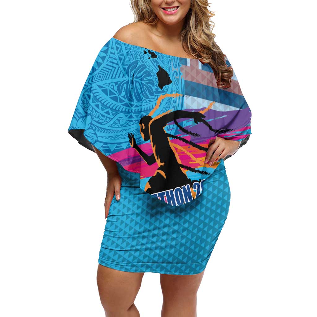 Honolulu Anniversary 52nd Running Family Matching Off Shoulder Short Dress and Hawaiian Shirt Marathon Competition Kakau Pattern Blue Color LT03 Mom's Dress Blue - Polynesian Pride