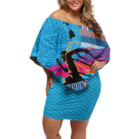 Honolulu Anniversary 52nd Running Family Matching Off Shoulder Short Dress and Hawaiian Shirt Marathon Competition Kakau Pattern Blue Color LT03 Mom's Dress Blue - Polynesian Pride