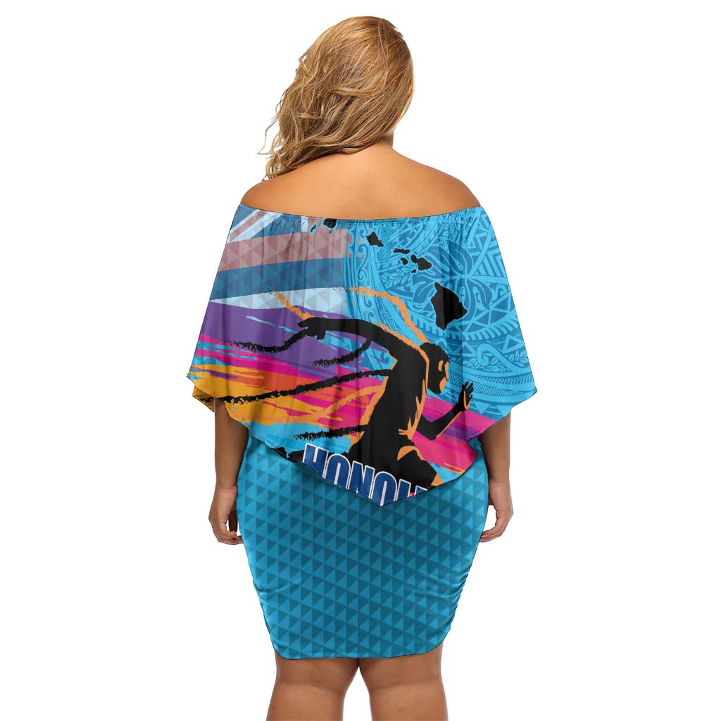 Honolulu Anniversary 52nd Running Family Matching Off Shoulder Short Dress and Hawaiian Shirt Marathon Competition Kakau Pattern Blue Color LT03 - Polynesian Pride