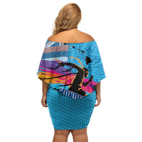 Honolulu Anniversary 52nd Running Family Matching Off Shoulder Short Dress and Hawaiian Shirt Marathon Competition Kakau Pattern Blue Color LT03 - Polynesian Pride