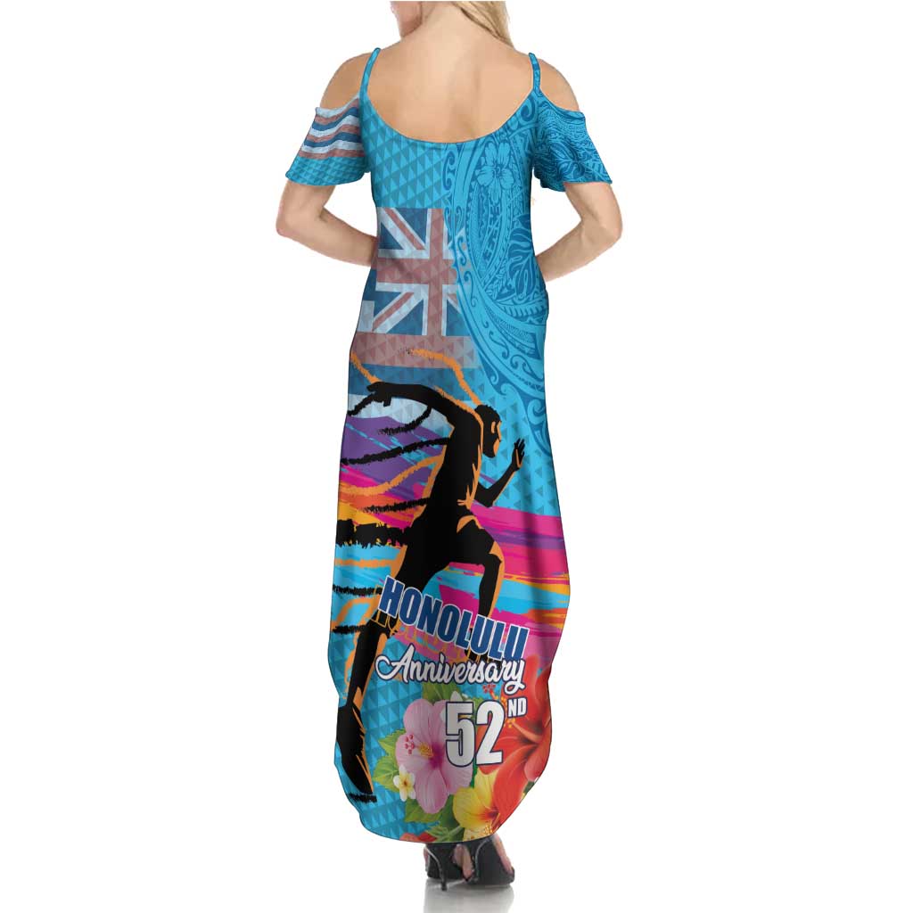 Honolulu Anniversary 52nd Running Family Matching Summer Maxi Dress and Hawaiian Shirt Marathon Competition Kakau Pattern Blue Color LT03 - Polynesian Pride