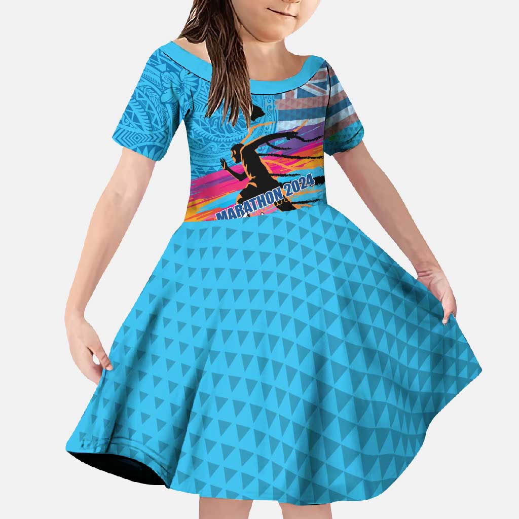Honolulu Anniversary 52nd Running Family Matching Tank Maxi Dress and Hawaiian Shirt Marathon Competition Kakau Pattern Blue Color LT03 Daughter's Dress Blue - Polynesian Pride