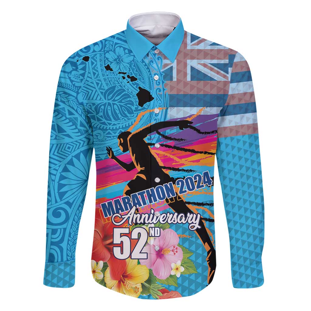 Honolulu Anniversary 52nd Running Family Matching Tank Maxi Dress and Hawaiian Shirt Marathon Competition Kakau Pattern Blue Color LT03 Dad's Shirt - Long Sleeve Blue - Polynesian Pride