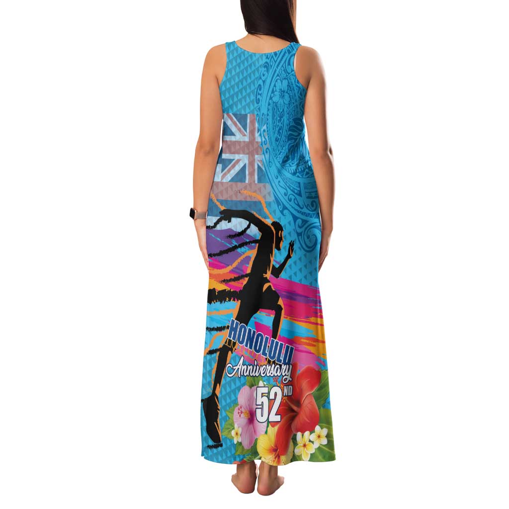 Honolulu Anniversary 52nd Running Family Matching Tank Maxi Dress and Hawaiian Shirt Marathon Competition Kakau Pattern Blue Color LT03 - Polynesian Pride
