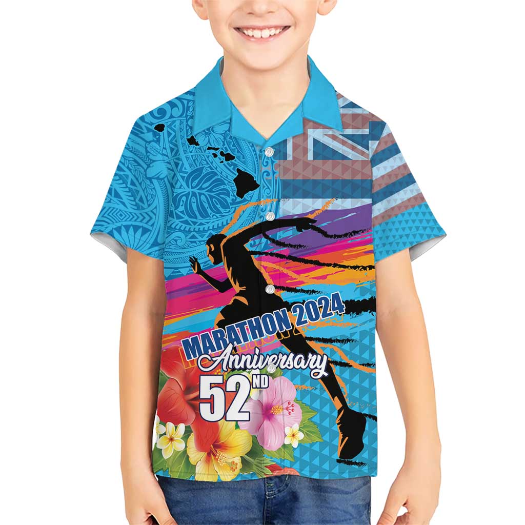 Honolulu Anniversary 52nd Running Kid Hawaiian Shirt Marathon Competition Kakau Pattern Blue Color