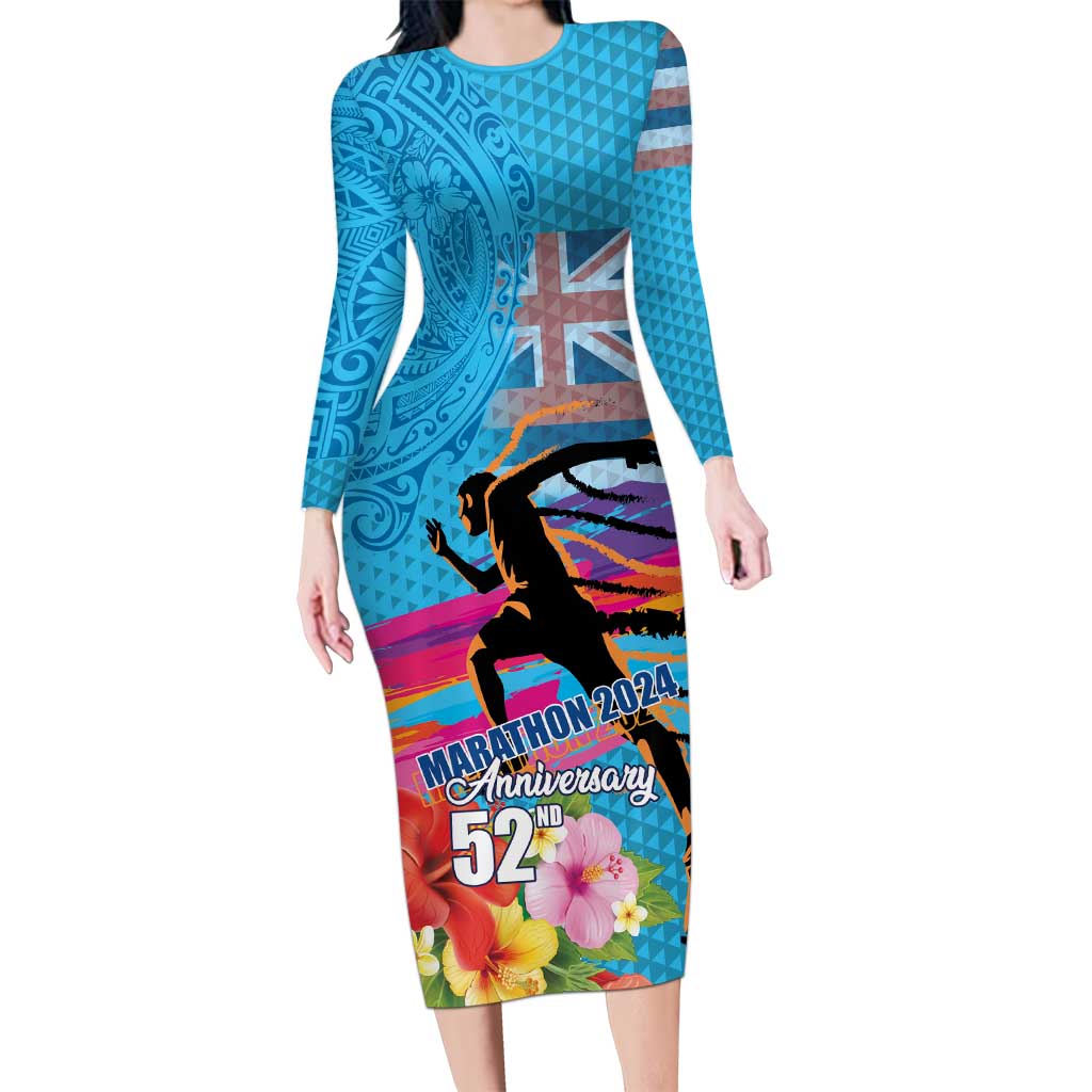 Honolulu Anniversary 52nd Running Long Sleeve Bodycon Dress Marathon Competition Kakau Pattern Blue Color LT03 Long Dress Blue - Polynesian Pride